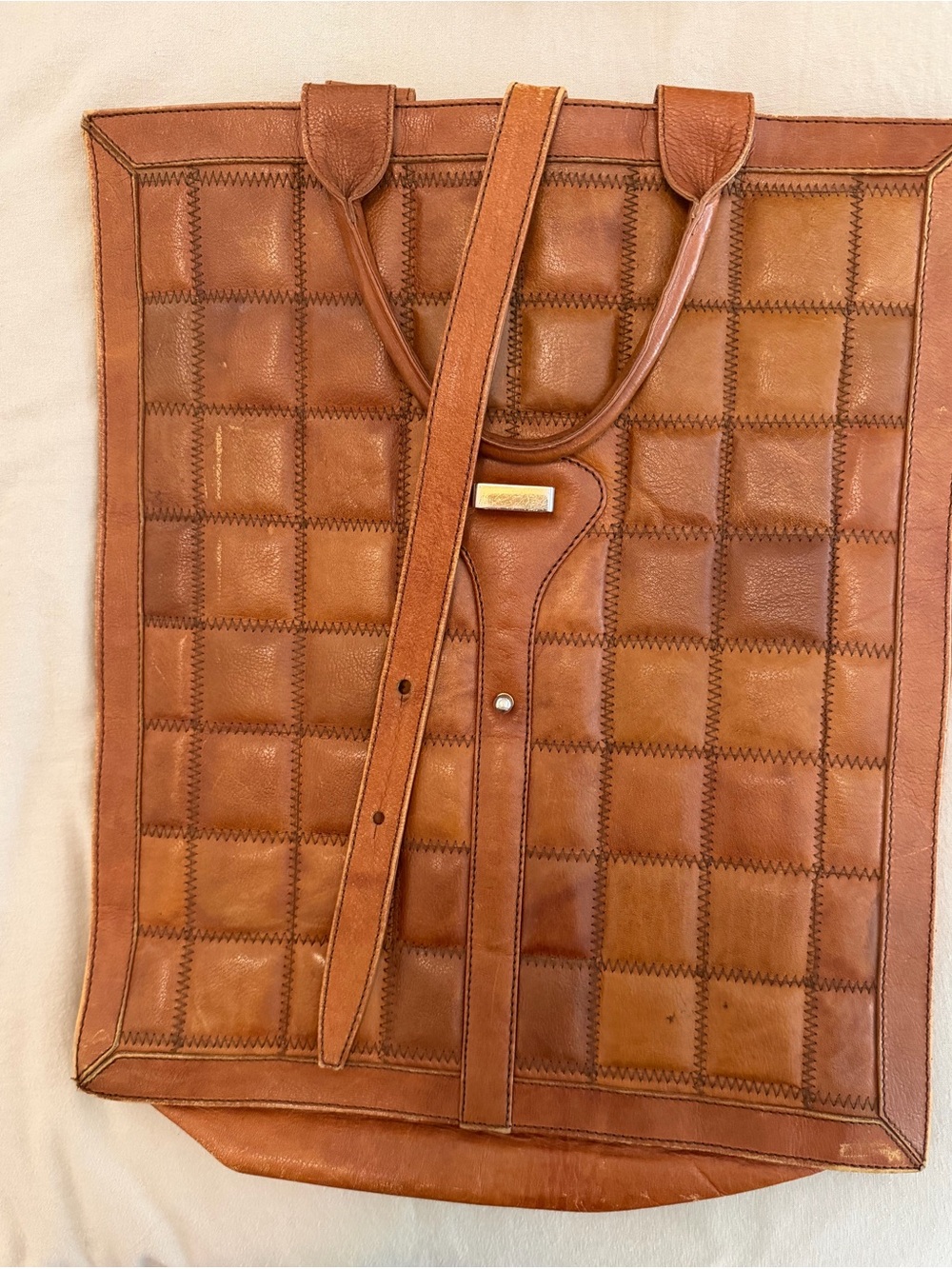 Vintage Aries M.R. Tan Leather Patchwork Tote Bag